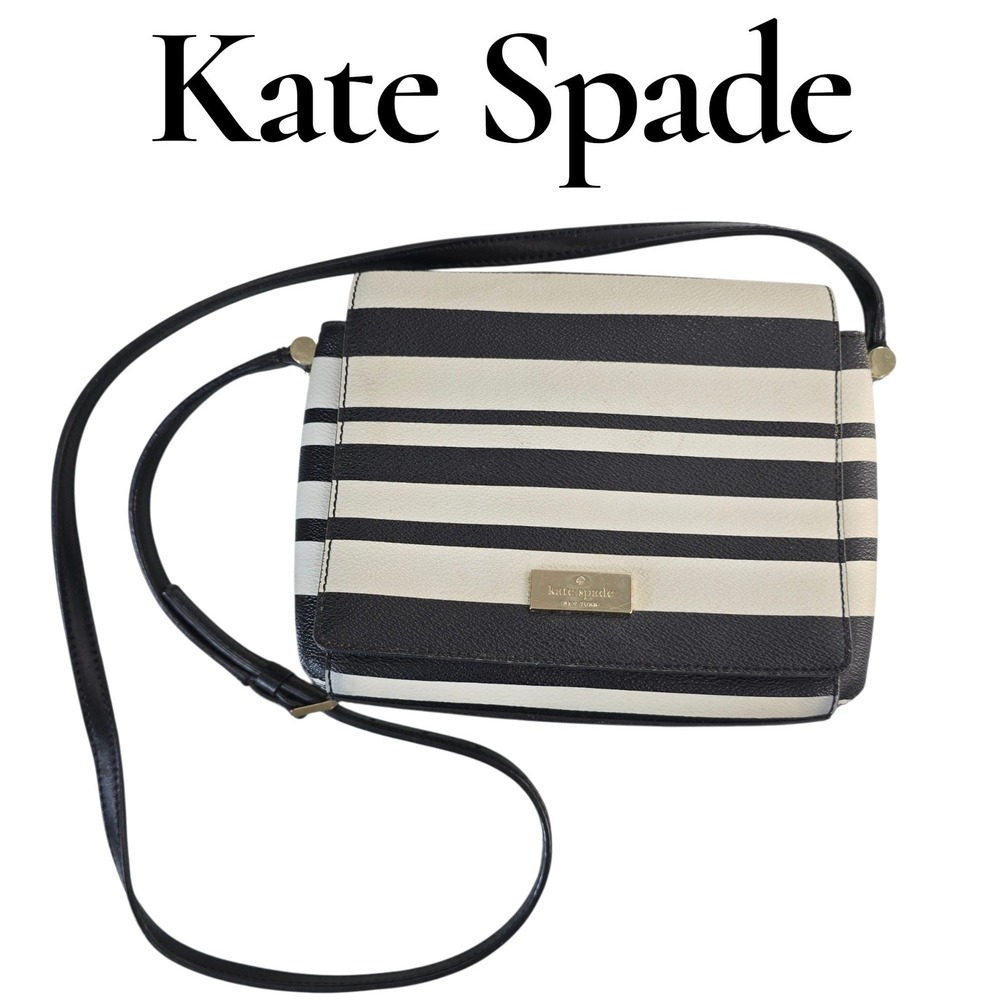 Kate Spade Crossbody‎ Bag Womens Small Black Cream Leather Striped Nautical Chic
